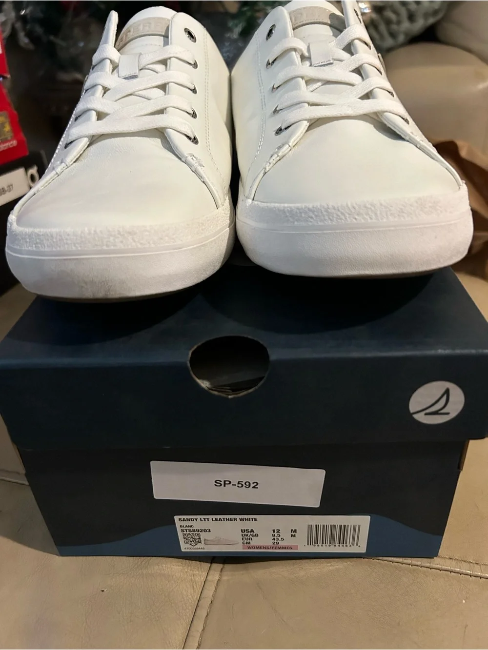 White Women's Leather Lace-Up Sneakers with Beige Trim